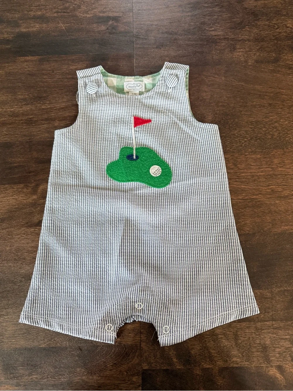 Mud Pie Blue & White Striped Golf Jon Jon Onesie size 6-9Months
